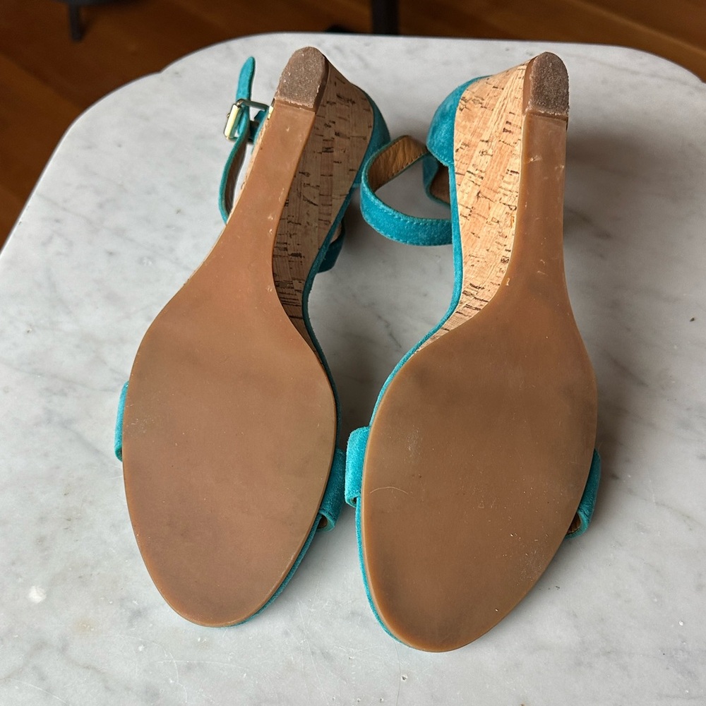 Tory Burch Savannah Teal Suede Cork Wedges - Picture 7 of 7